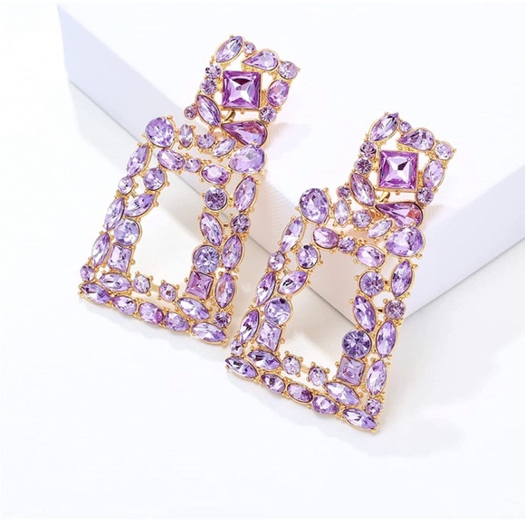 NWT Purple Rectangle Geometric Glass Statement Drop Earrings - Picture 3 of 6